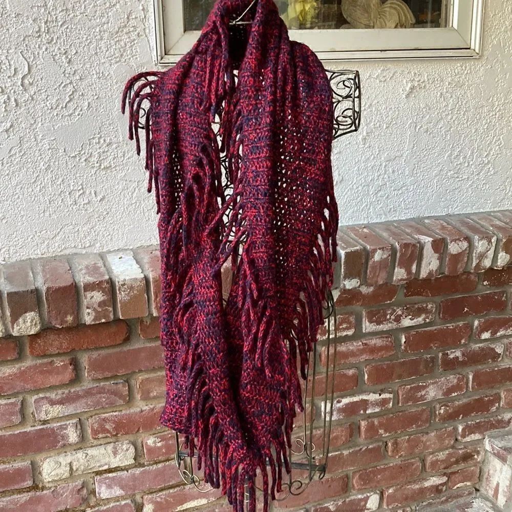 Coco + Carmen Red/Blue Fringed Infinity Scarf - Picture 2 of 6